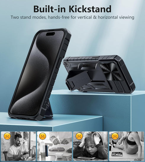 FNTCASE iPhone 15 Pro Case: Heavy Duty Black Bumper, Military Grade Drop Protection, Kickstand & Textured Grip.