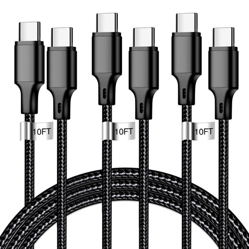 Cugunu USB C to USB C Charger Cable, Nylon Braided 3-Pack 60W 10FT Fast Charging Cord for iPhone 15, iPad Pro, MacBook