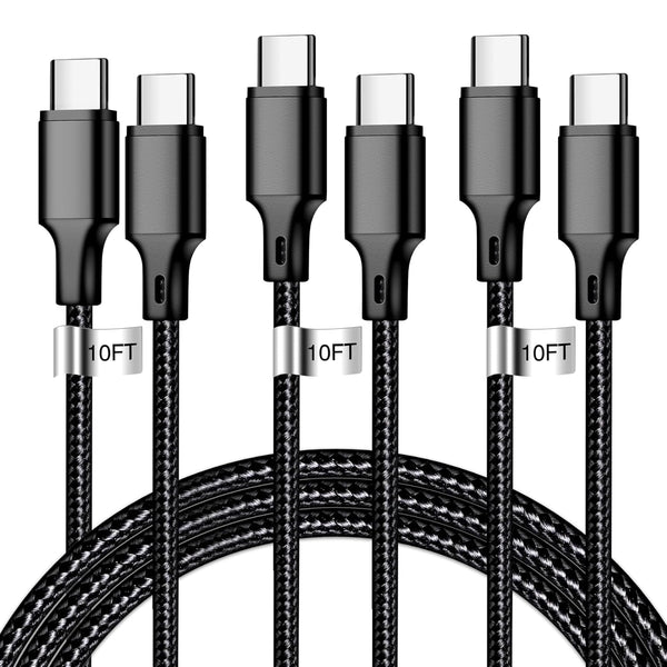 Cugunu USB C to USB C Charger Cable, Nylon Braided 3-Pack 60W 10FT Fast Charging Cord for iPhone 15, iPad Pro, MacBook