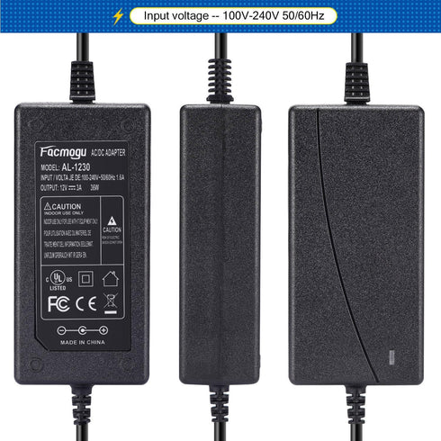 Facmogu DC 12V 3A Power Adapter - 100-240V AC to DC 12V 3A Power Supply with Barrel Connector