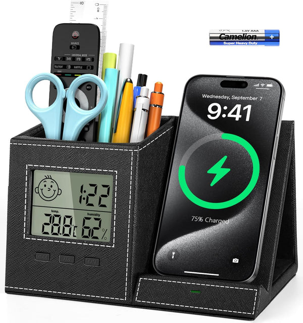 Pen Holder for Desk, Multi-Functional Organizer with Wireless Charger, Indoor Thermometer, Home Office Supplies