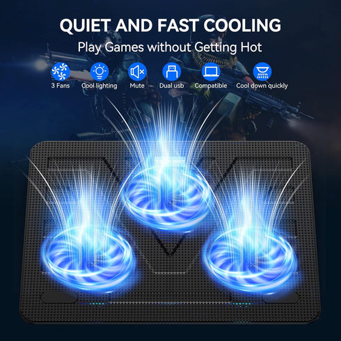 TECKNET Black Laptop Cooling Pad - Portable Slim USB Powered Stand with 3 Blue LED Fans, Fits 12-17 Inches