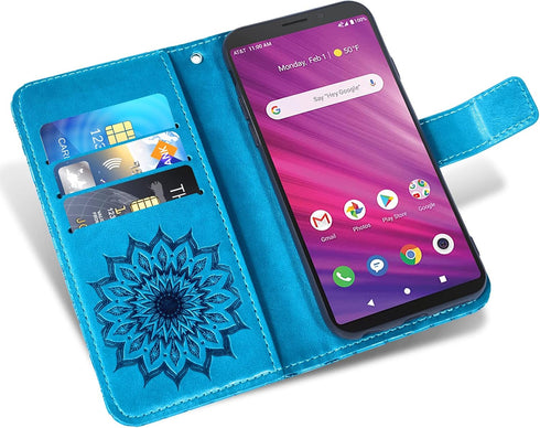 Asuwish Phone Case for Alcatel Lumos (DALN5023) / Axel (5004R) Wallet with Tempered Glass Screen Protector and Sunflower Leather Slim Flip Cover Card Holder Stand Cell Accessories Axle Women Men Blue