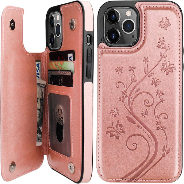Vaburs iPhone 12 Pro Max Case Wallet with Card Holder, Embossed Butterfly Pattern PU Leather, Shockproof Cover, Rose