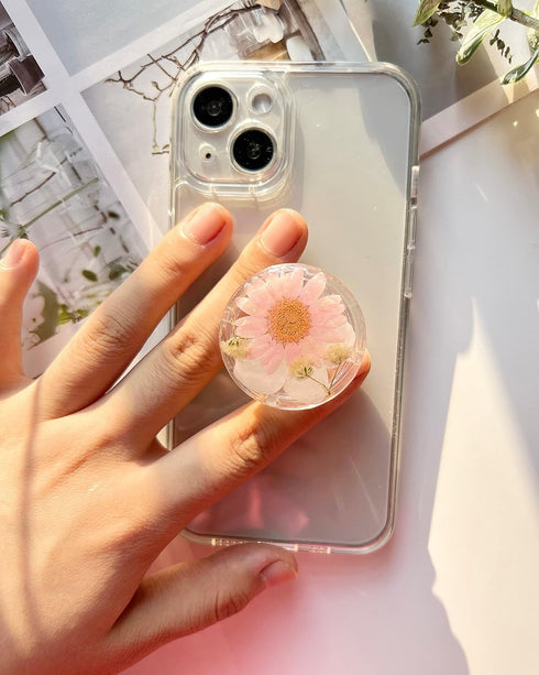 petitepop Pressed Pink Daisy Flowers Phone Grip Holder, Expandible Collapsible Transparent Cell Phone Accessory, Dried