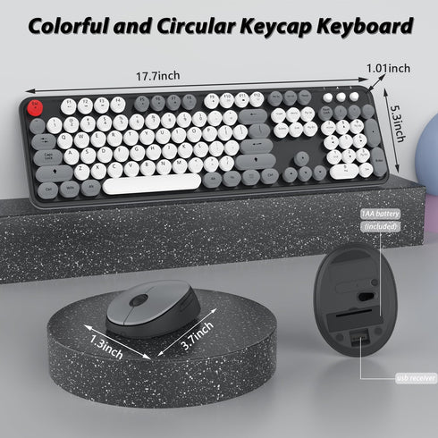 Wireless Keyboard Mouse Combo, 104 Keys Cute Wireless Keyboard with Number Pad for Windows, Grey