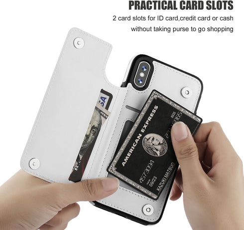 iPhone Xs iPhone X Wallet Case, Premium PU Leather Kickstand with Card Holder, Double Magnetic Clasp (White)