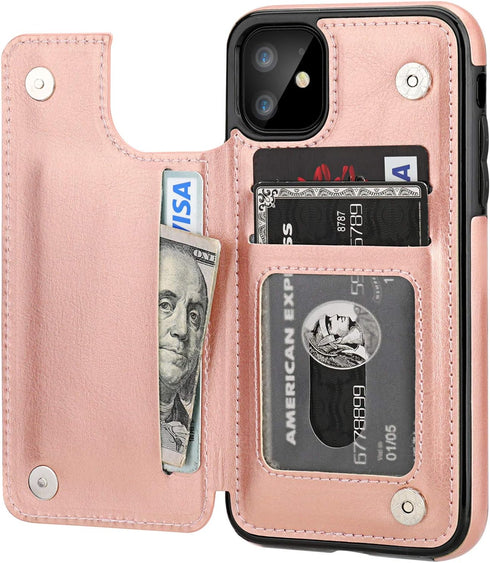 OT ONETOP iPhone 11 Wallet Case with Card Holder, PU Leather Kickstand, Double Magnetic Clasp, Shockproof Cover (Rose