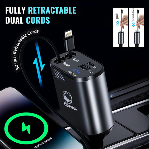 4 in 1 Fast Car Charger - 66W with 2 Retractable Lightning Cords, USB-A & USB-C Ports for iPhone 15/14/13/12, Galaxy,
