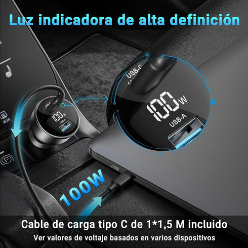 100W USB C Car Charger with Display, PD3.0+QC Type C Adapter for Laptops, MacBook Pro, iPhone 15/14