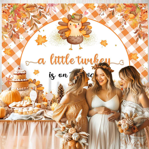 AIBIIN 7x5ft Thanksgiving Baby Shower Backdrop A Little Turkey is On The Way Party Banner Fall Turkey Pumpkin Baby