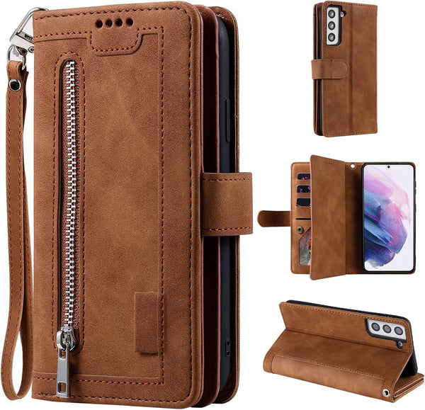 UEEBAI Wallet Case for Samsung Galaxy S21 5G, Retro 9 Card Holder Slots, Zipper Pocket PU Leather Handbag