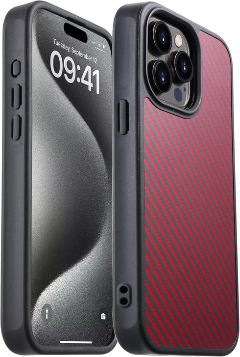 Carbon Fiber Case for iPhone 15 Pro Compatible with MagSafe, Slim & Light, Military-Grade Drop Cover, Black/Red