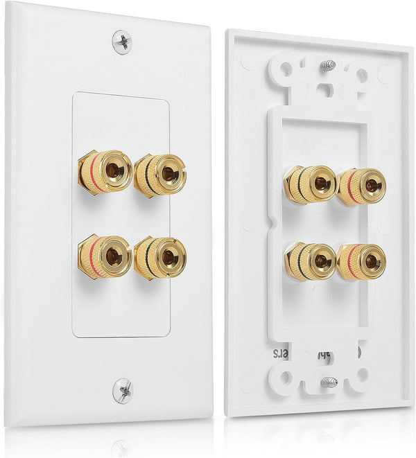 Cable Matters 2-Pack Speaker Wire Wall Plate, Gold Plated with Banana Plug Binding Post for 2 Speakers, White