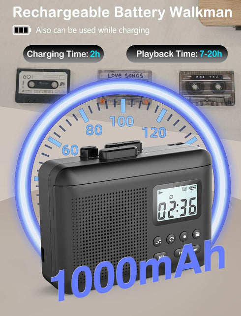 Gracioso Cassette Player,Cassette MP3 Cassette 1000mah Jack,16GB Portable to via SD Card, Walkman Tape Player