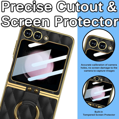 Miimall Samsung Galaxy Z Flip 5 5G Leather Case with Metal Ring Holder, Shockproof Tempered Glass Screen Protective