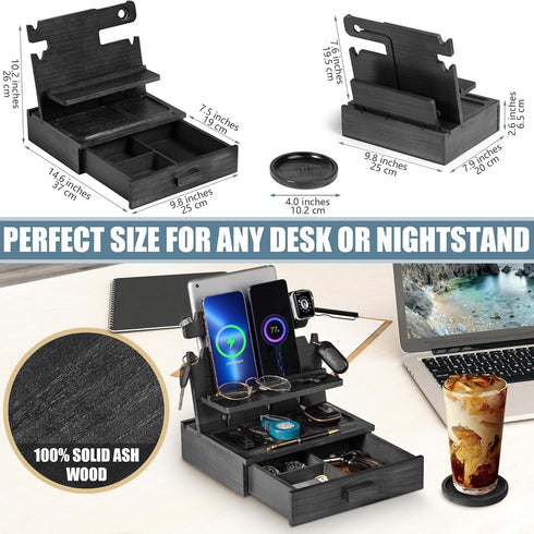 Black Wood Phone Docking Station - Nightstand Organizer for 3 Phones with Drawer for Valuables, Apple Watch Compatible