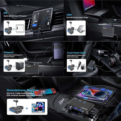 Cigarette Lighter Plug Splitter, 3 Socket 200W Car Cigarette Lighter Adapter USB Charger Extension Cord Multi Port