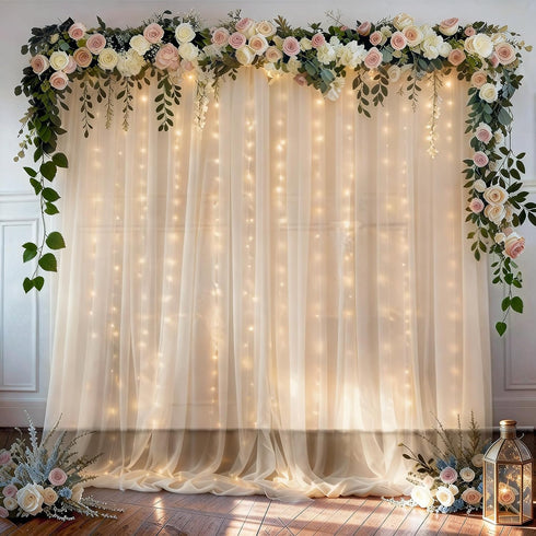 EMART Champagne 10x10ft Tulle Backdrop Curtains with Lights String,Sheer Backdrop Curtains for Wedding,