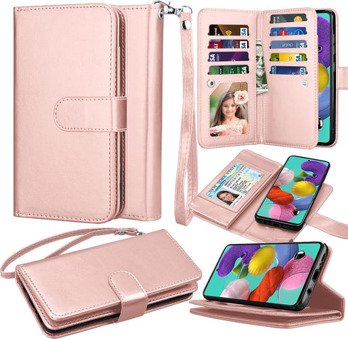 Takfox Galaxy A71 5G Case, PU Leather Wallet Case with 9 Card Slots and Lanyard for Samsung Galaxy A71 5G-Rose Gold
