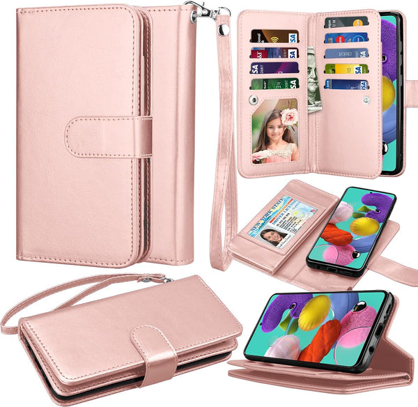 Takfox Galaxy A71 5G Case, PU Leather Wallet Case with 9 Card Slots and Lanyard for Samsung Galaxy A71 5G-Rose Gold