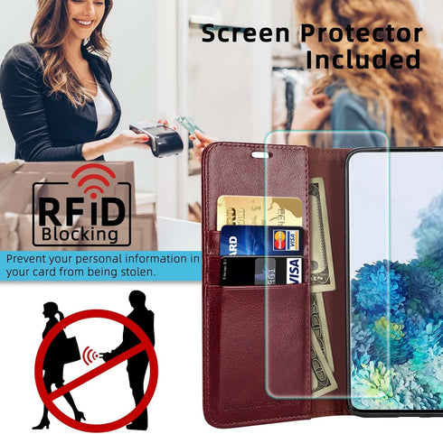 MONASAY Wallet Case for Galaxy S10, Burgundy Flip Folio Leather Cover with Screen Protector & RFID Blocking, 6.1 inch