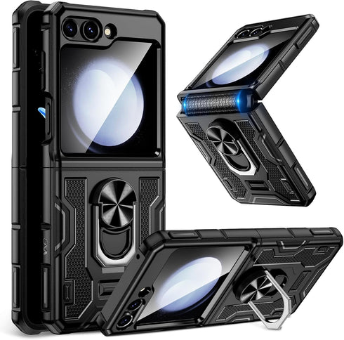 Caka Galaxy Z Flip 5 Case - Full Body Protection with Screen Protector, Hinge Protection & 360° Rotate Ring Stand -