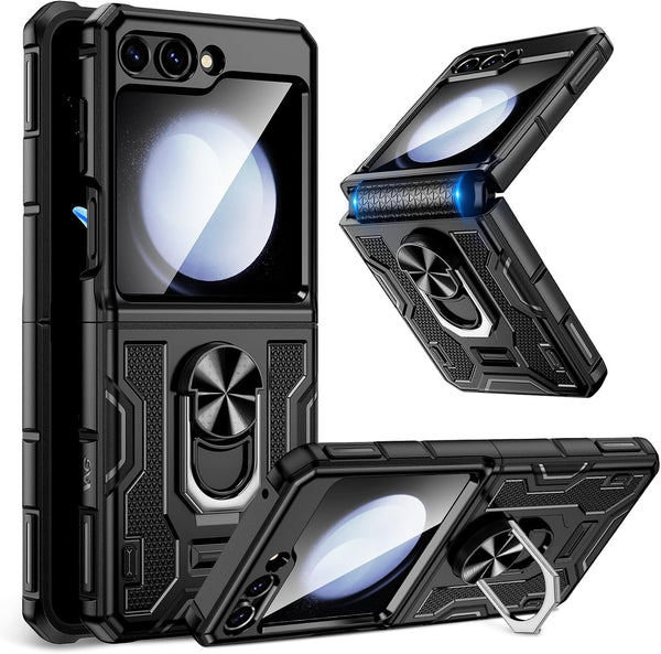 Caka Galaxy Z Flip 5 Case - Full Body Protection with Screen Protector, Hinge Protection & 360° Rotate Ring Stand -