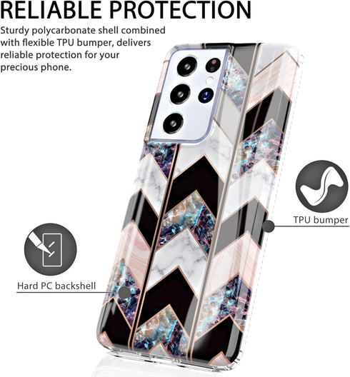 BAISRKE Galaxy S21 Ultra Case, Shiny Rose Gold Geometric Marble Hybrid Hard Plastic Back Soft Clear Glitter TPU Edge