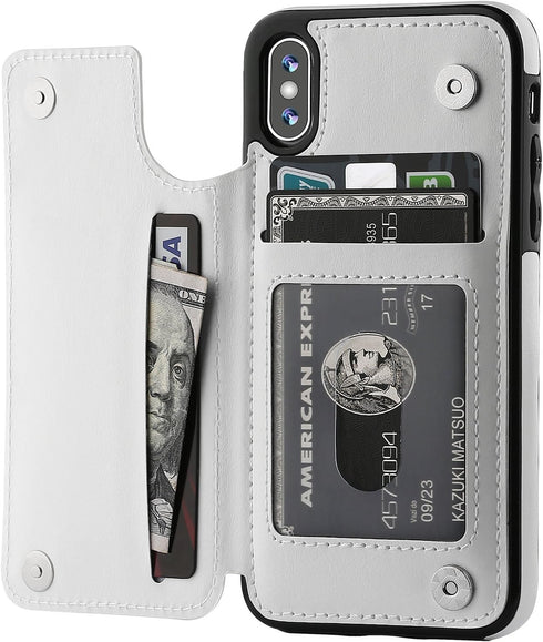 iPhone Xs iPhone X Wallet Case, Premium PU Leather Kickstand with Card Holder, Double Magnetic Clasp (White)