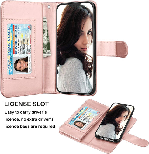Njjex iPhone 12 Mini Wallet Case (2020), 9 Card Slots, PU Leather, Detachable Kickstand, Magnetic Cover, Rose Gold
