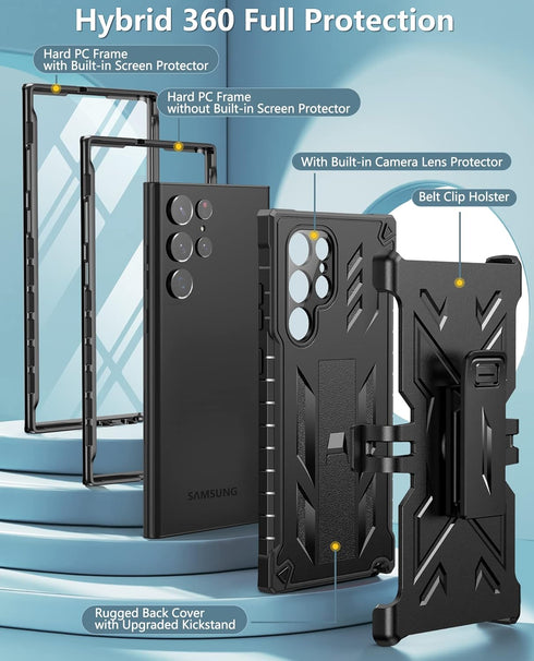 FNTCASE for Samsung Galaxy S22 Ultra, Built-in Screen Protector & Kickstand, Rugged Heavy Duty Shockproof Cover (Black)