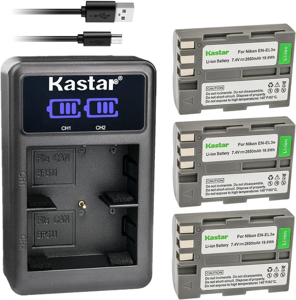 Kastar 3-Pack EN-EL3E Battery & LED2 USB Charger for Nikon D100, D200, D300, D50, D70, D700, D80, D90 DSLR
