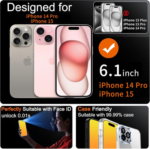 Privacy Screen Protector for iPhone 14 Pro and 15, Anti Spy Tempered Glass Full Coverage with Installation Frame