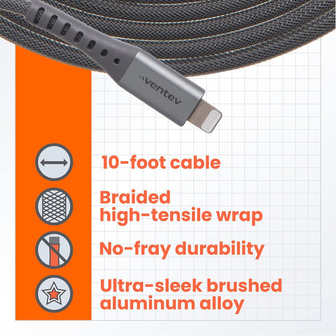 Ventev - MFi Certified iPhone Charger USB A to Apple Lightning Cable 10ft - Durable Steel Design, Lasts Up to 100x
