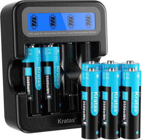 Kratax Rechargeable AA Lithium Batteries, 8 Pack 3500mWh high Capacity 1.5v Double A