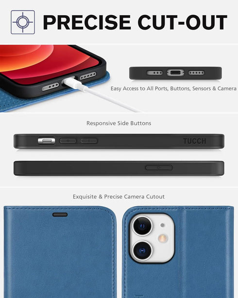 TUCCH Wallet Case for iPhone 12 Pro/12 5G, Lake Blue, TPU Shockproof Inner Shell, RFID Blocking, Card Holder