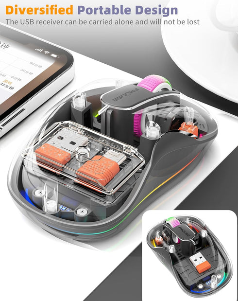 Wireless Bluetooth Transparent Mouse, 2.4GHz with USB & Type-C Receivers, Portable Silent Rechargeable Mice with RGB