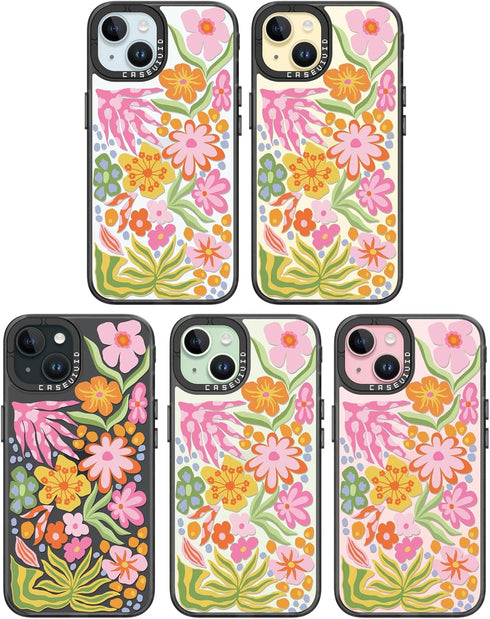 Cute Aesthetic iPhone 15 Case - Durable Girly Passion Flower Print Cover for Women, 6.1 inches, Black.
