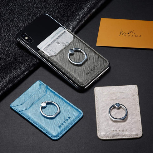 Phone Card Holder with Ring Grip for Back of Phone, Adhesive Stick-on Credit Card Wallet Pocket for Smartphones (Gun