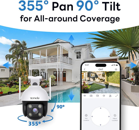 Tenda Security Cameras Outdoor, Plug-in WiFi Camera, 4MP, 360° Pan/Tilt, Color Night Vision, AI Detection