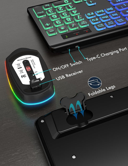 Wireless Keyboard and Mouse Combo, Large Print, RGB Backlit, Oversize Light Up Letters, Rechargeable, Ergonomic Tilt