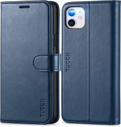 TUCCH Case Wallet for iPhone 11, PU Leather Flip Folio Case with Shockproof TPU Inner Shell, RFID Blocking, Dark Blue