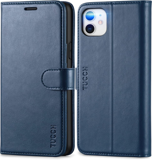 TUCCH Case Wallet for iPhone 11, PU Leather Flip Folio Case with Shockproof TPU Inner Shell, RFID Blocking, Dark Blue