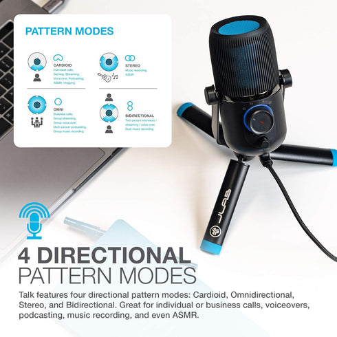 JLab Talk USB Microphone with USB-C Output, Cardioid, Omnidirectional, 96k Sample Rate, Volume Control, Plug & Play