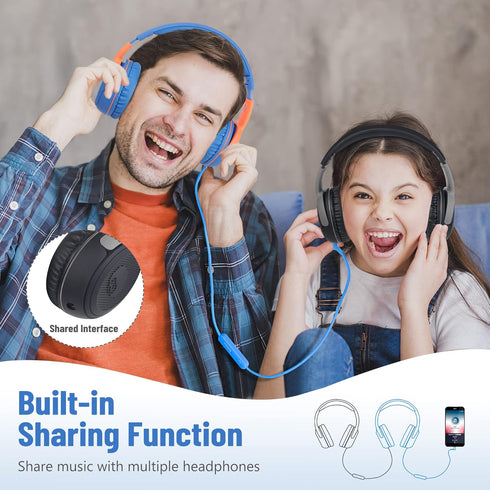 rockpapa Share 1 Kids Headphones Wired with Microphone & Share Port, 85dB/94dB Volume Limited, Black/Grey