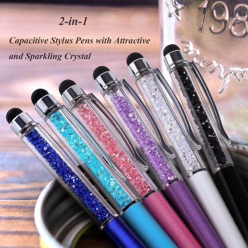 Besgoods Stylus Pens 6Pcs Crystal 2 in 1 Slim Capacitive & Ballpoint Pen for Touch Screens, Sky Blue Pink Purple Royal