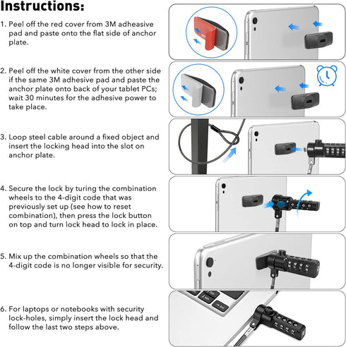 AboveTEK iPad Lock Security Cable - 6Ft Keyless 4 Digit Combination Tablet Lock Kit for Retail Store