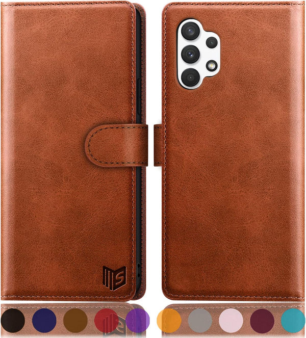 SUANPOT RFID Blocking Leather Wallet Case for Samsung Galaxy A32 5G - Flip Folio, Card Holder, Shockproof (Light Brown)