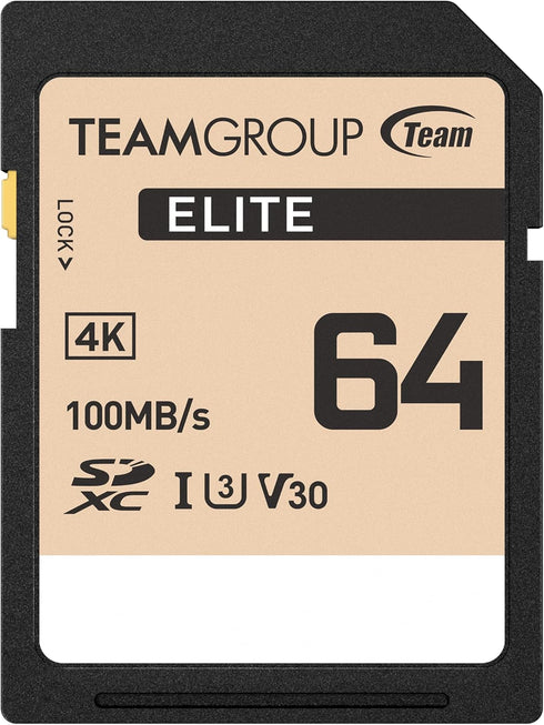TEAMGROUP Elite 64GB UHS-I U3 V30 SDXC Memory Card, 100MB/s Read Speed, Compatible with Canon Sony Nikon Panasonic